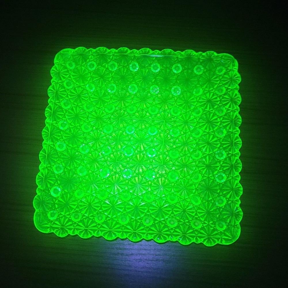 Uranium Glass Daisy and Button Square Plate 7" Green Glowing Vaseline Vintage